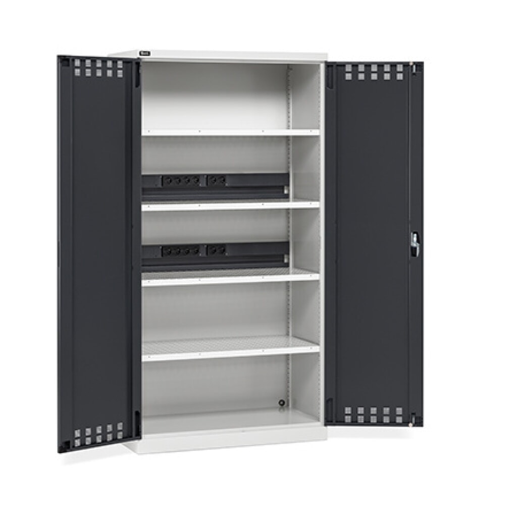 Product afbeelding: Acculaadkast Fami PERFOM, 4 geperforeerde legborden, hxbxd 2.000 x 1.023 x 726 mm, lichtgrijs, antraciet