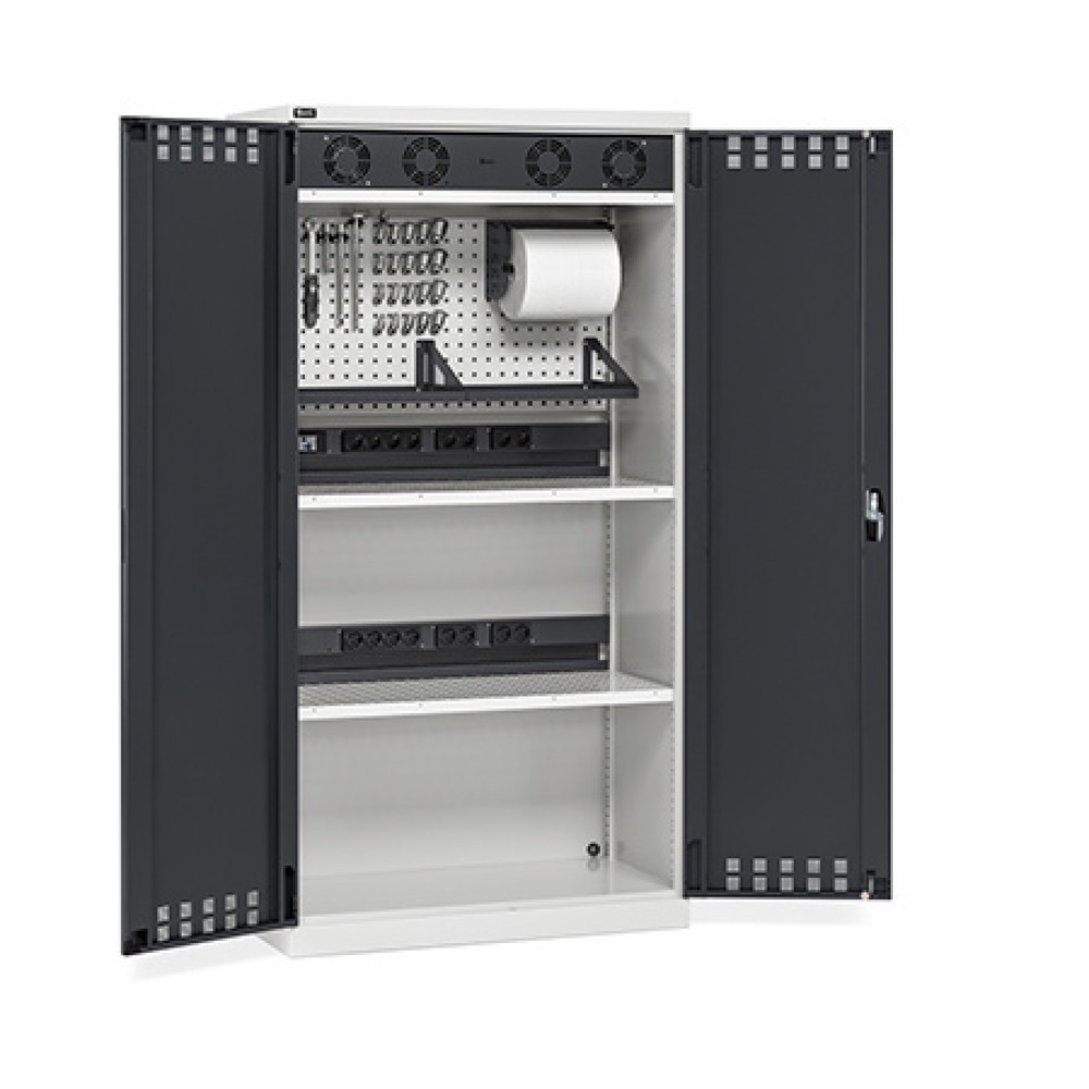 Product afbeelding: Acculaadkast Fami PERFOM, 2 geperforeerde legborden, energiekanalen, contactdooslijsten, ventilatierooster, hxbxd 2.000 x 1.023 x 726 mm, lichtgrijs, antraciet