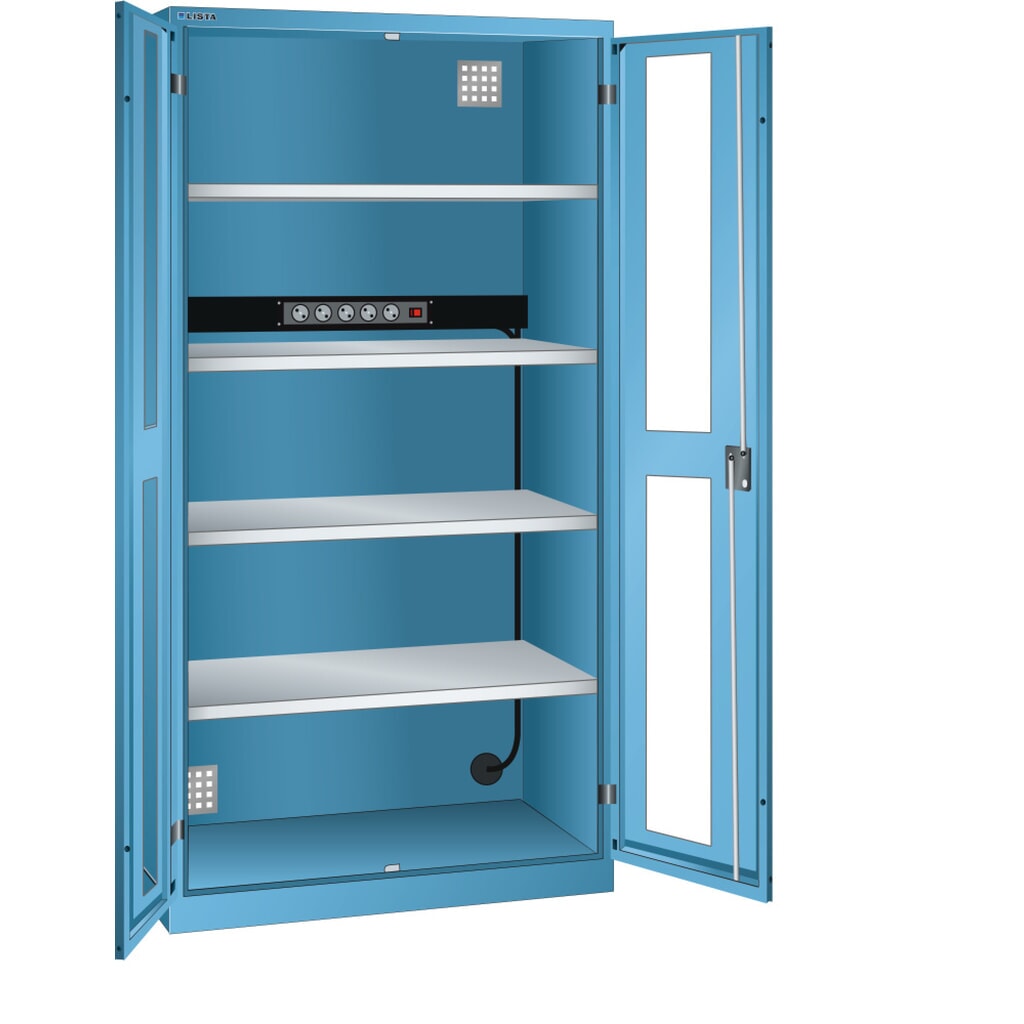 Product afbeelding: Acculaadkast LISTA, (bxdxh) 1000x580x1950 mm, 1 contactdozenlijst achterwand, kijkvenster, lichtblauw
