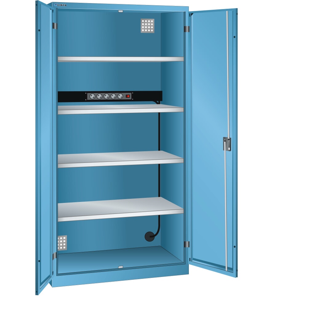 Acculaadkast LISTA, (bxdxh) 1000x580x1950 mm, 1 contactdozenlijst achterwand, lichtblauw Product afbeelding: Acculaadkast LISTA, (bxdxh) 1000x580x1950 mm, 1 contactdozenlijst achterwand, lichtblauw