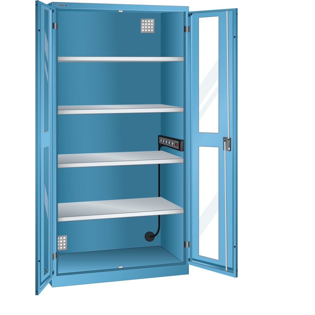 Product afbeelding: Acculaadkast LISTA, (bxdxh) 1000x580x1950 mm, 1 contactdozenlijst zijwand, kijkvenster, lichtblauw