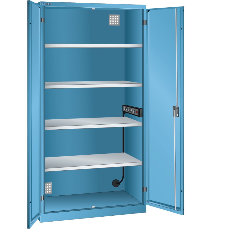 Acculaadkast LISTA, (bxdxh) 1000x580x1950 mm, 1 contactdozenlijst zijwand, lichtblauw Product afbeelding: Acculaadkast LISTA, (bxdxh) 1000x580x1950 mm, 1 contactdozenlijst zijwand, lichtblauw