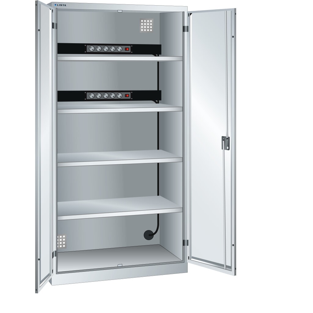 Acculaadkast LISTA, (bxdxh) 1000x580x1950 mm, 2 contactdozenlijsten achterwand, lichtgrijs Product afbeelding: Acculaadkast LISTA, (bxdxh) 1000x580x1950 mm, 2 contactdozenlijsten achterwand, lichtgrijs