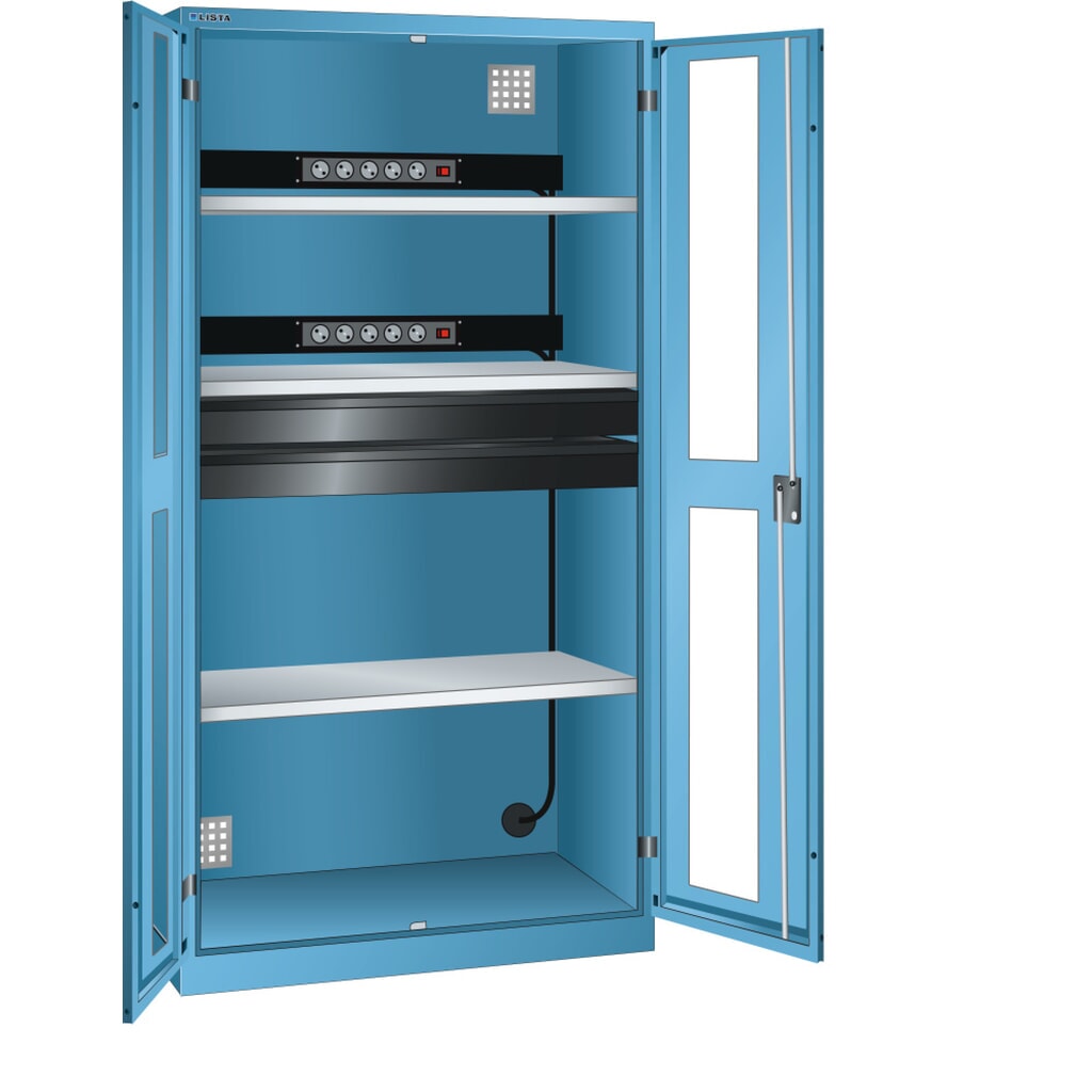 Acculaadkast LISTA, (bxdxh) 1000x580x1950 mm, 2 contactdozenlijsten, 2 lades, lichtblauw Product afbeelding: Acculaadkast LISTA, (bxdxh) 1000x580x1950 mm, 2 contactdozenlijsten, 2 lades, lichtblauw