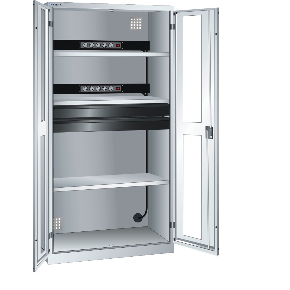 Product afbeelding: Acculaadkast LISTA, (bxdxh) 1000x580x1950 mm, 2 contactdozenlijsten, 2 lades, lichtgrijs