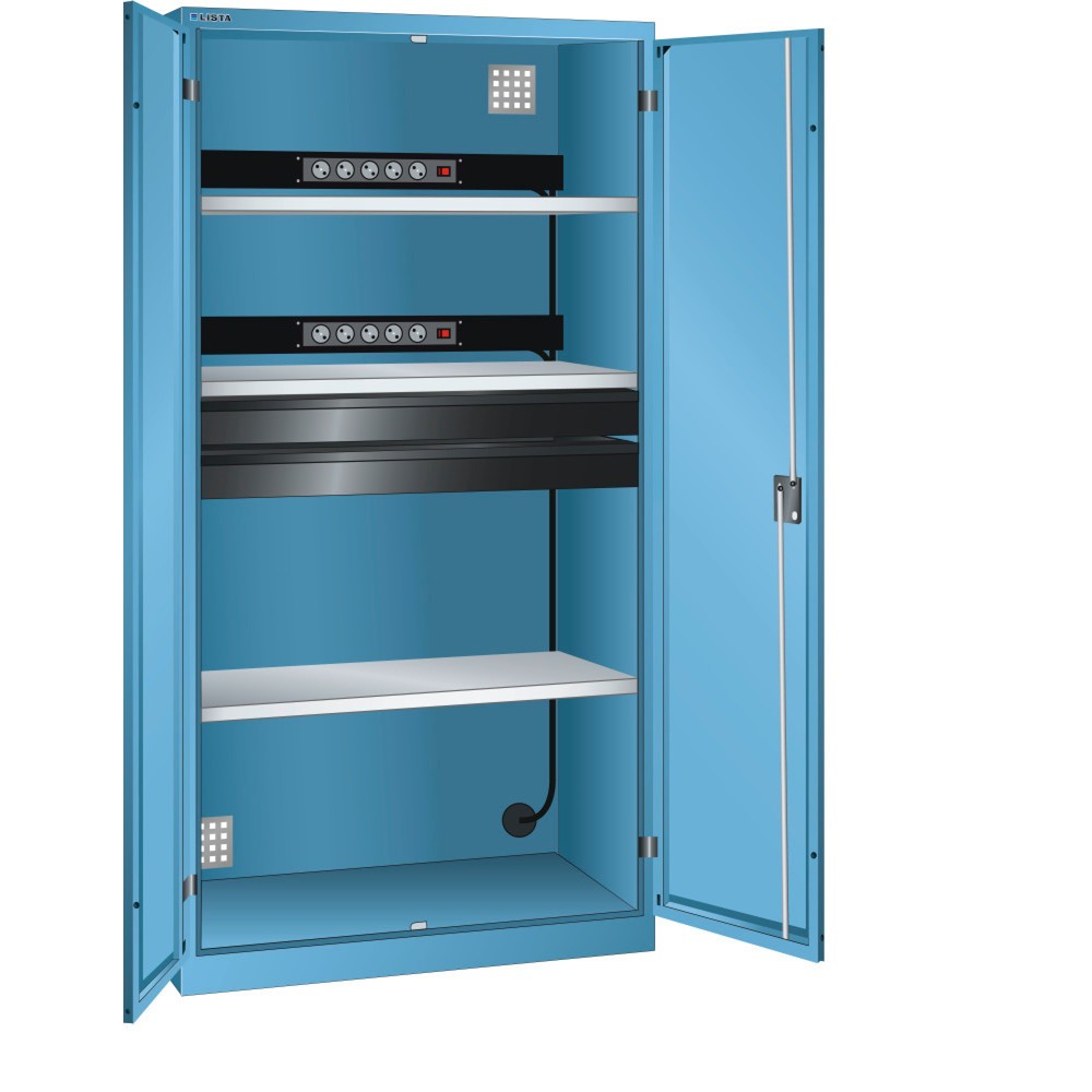 Product afbeelding: Acculaadkast LISTA, (bxdxh) 1000x580x1950 mm, 2 contactdozenlijsten achterwand, 2 lades, lichtblauw