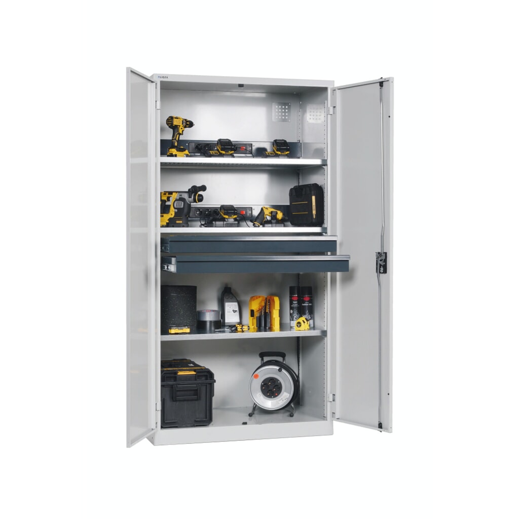 Acculaadkast LISTA, (bxdxh) 1000x580x1950 mm, 2 contactdozenlijsten achterwand, 2 lades, lichtgrijs Product afbeelding: Acculaadkast LISTA, (bxdxh) 1000x580x1950 mm, 2 contactdozenlijsten achterwand, 2 lades, lichtgrijs