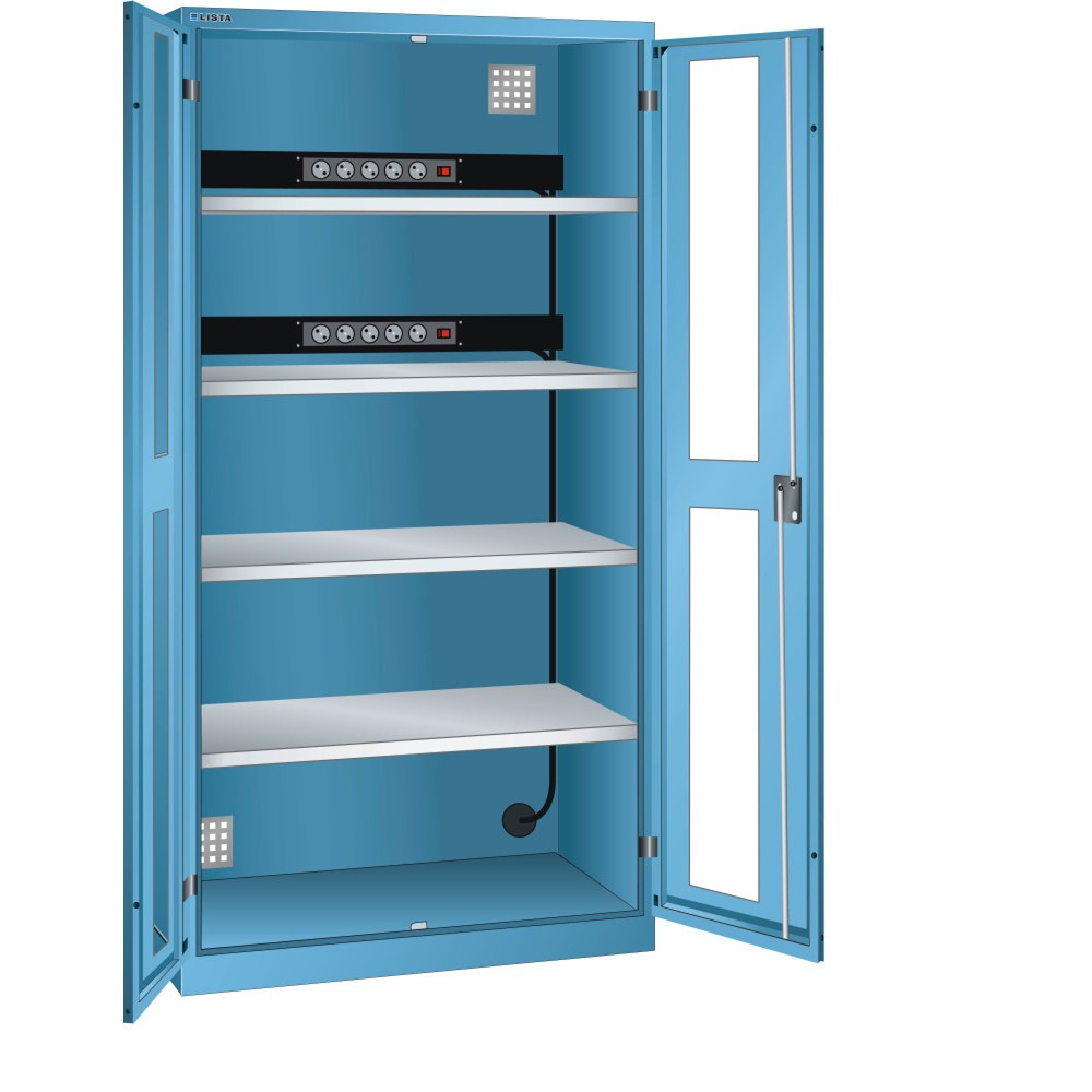 Product afbeelding: Acculaadkast LISTA, (bxdxh) 1000x580x1950 mm, 2 contactdozenlijsten achterwand, kijkvenster, lichtblauw