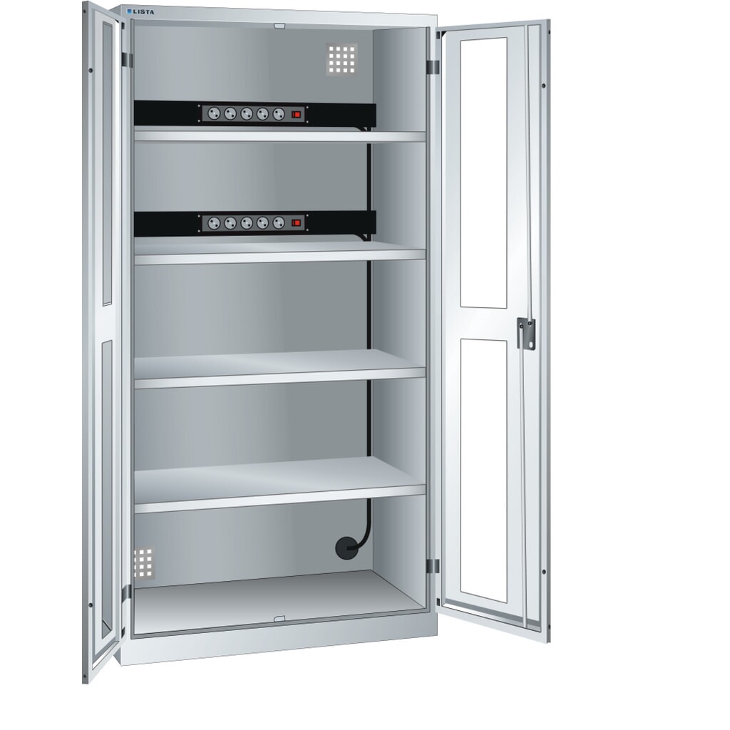 Product afbeelding: Acculaadkast LISTA, (bxdxh) 1000x580x1950 mm, 2 contactdozenlijsten achterwand, kijkvenster, lichtgrijs
