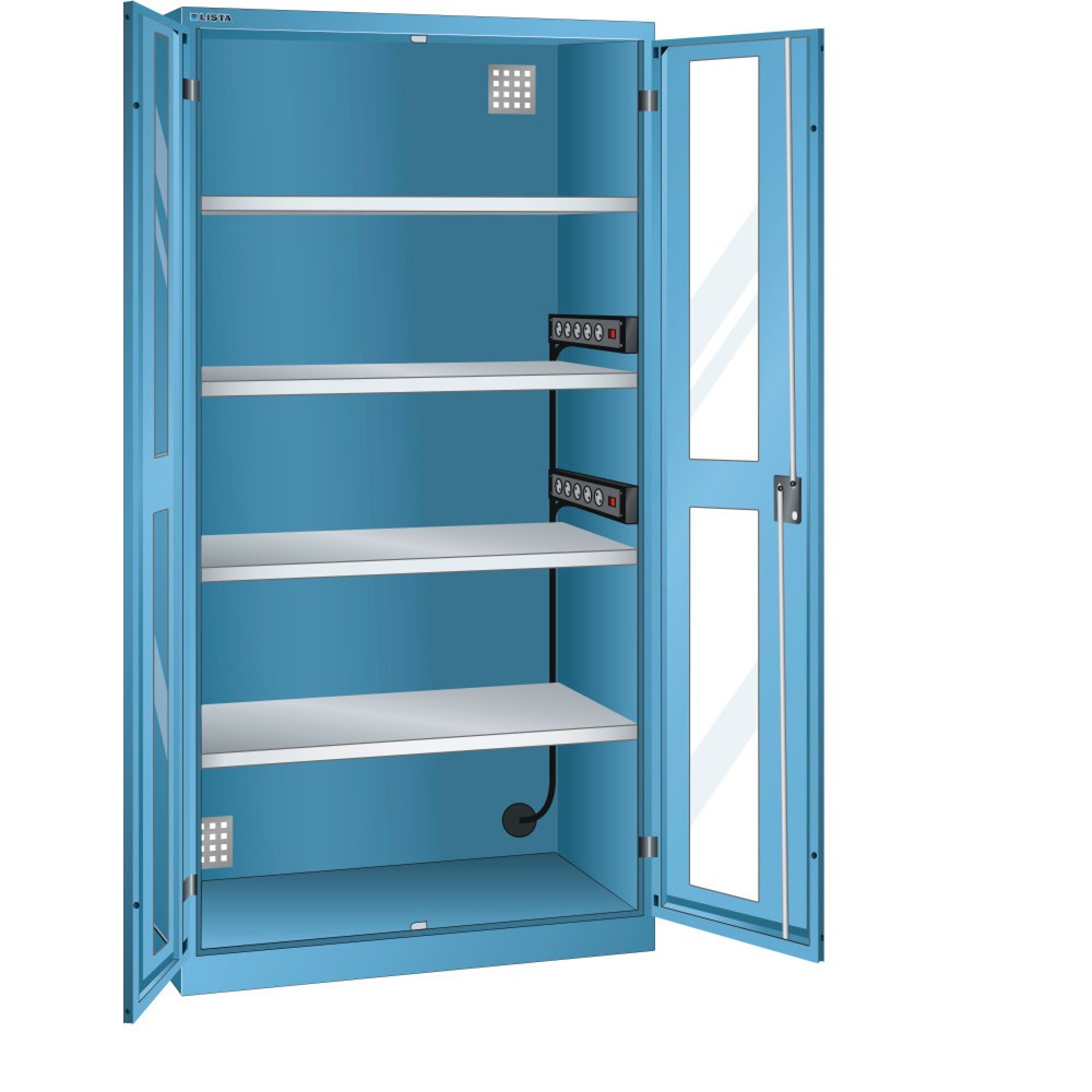 Product afbeelding: Acculaadkast LISTA, (bxdxh) 1000x580x1950 mm, 2 contactdozenlijsten zijwand, kijkvenster, lichtblauw