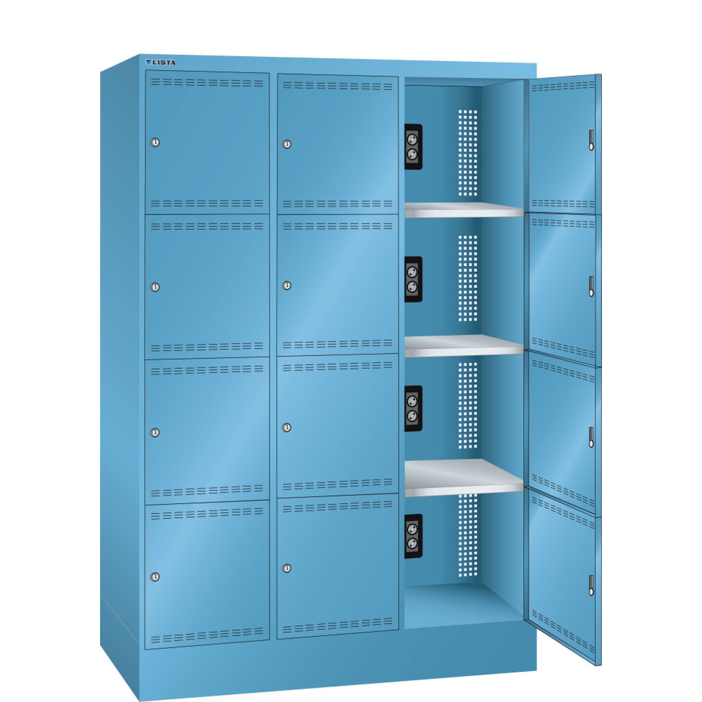 Acculaadkast LISTA, (bxdxh) 1205x585x1790 mm, 3x4 vakken, 2 modules per vak, lichtblauw Product afbeelding: Acculaadkast LISTA, (bxdxh) 1205x585x1790 mm, 3x4 vakken, 2 modules per vak, lichtblauw