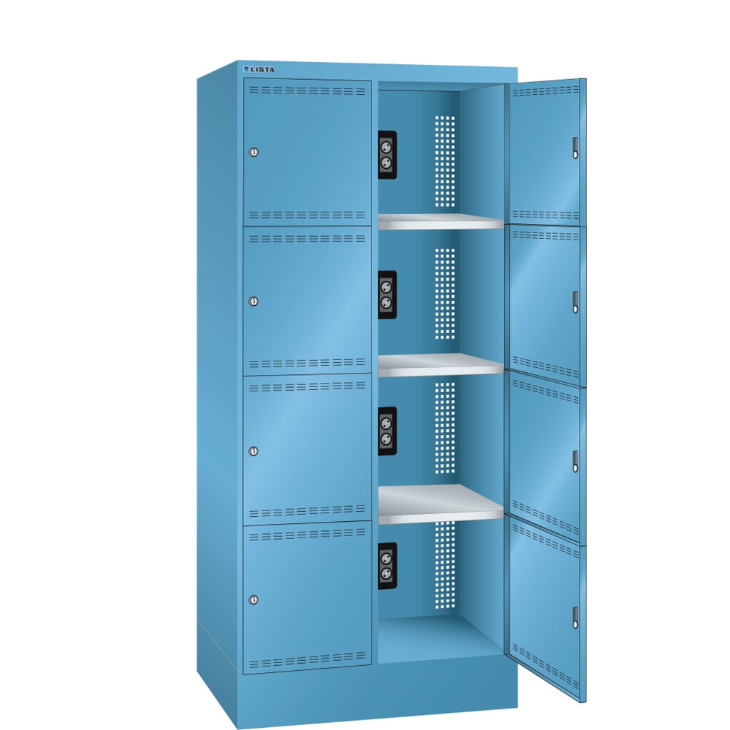 Acculaadkast LISTA, (bxdxh) 810x585x1790 mm, 2x4 vakken, 1 module per vak, lichtblauw Product afbeelding: Acculaadkast LISTA, (bxdxh) 810x585x1790 mm, 2x4 vakken, 1 module per vak, lichtblauw