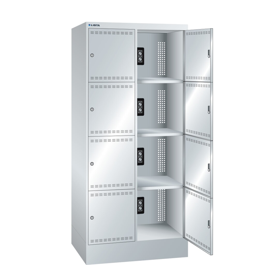 Acculaadkast LISTA, (bxdxh) 810x585x1790 mm, 2x4 vakken, 2 modules per vak, lichtgrijs Product afbeelding: Acculaadkast LISTA, (bxdxh) 810x585x1790 mm, 2x4 vakken, 2 modules per vak, lichtgrijs
