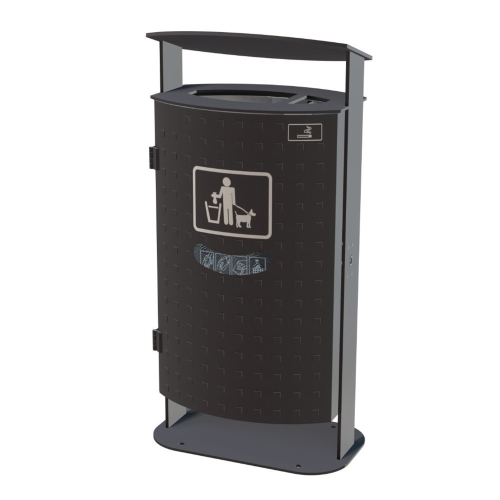 Product afbeelding: Afvalbak RENNER met schuine kap en asbak type 7092, 70 liter, noppenplaat design, geïntegreerde zakjesdispenser, zwartgrijs
