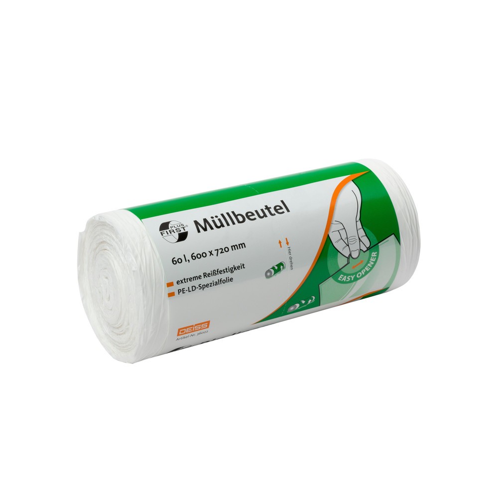 Product afbeelding: Afvalzak DEISS FIRST PLUS, 60 l, 600 x 720 mm, LDPE, 50 stuks/rol, 20 rollen/VE