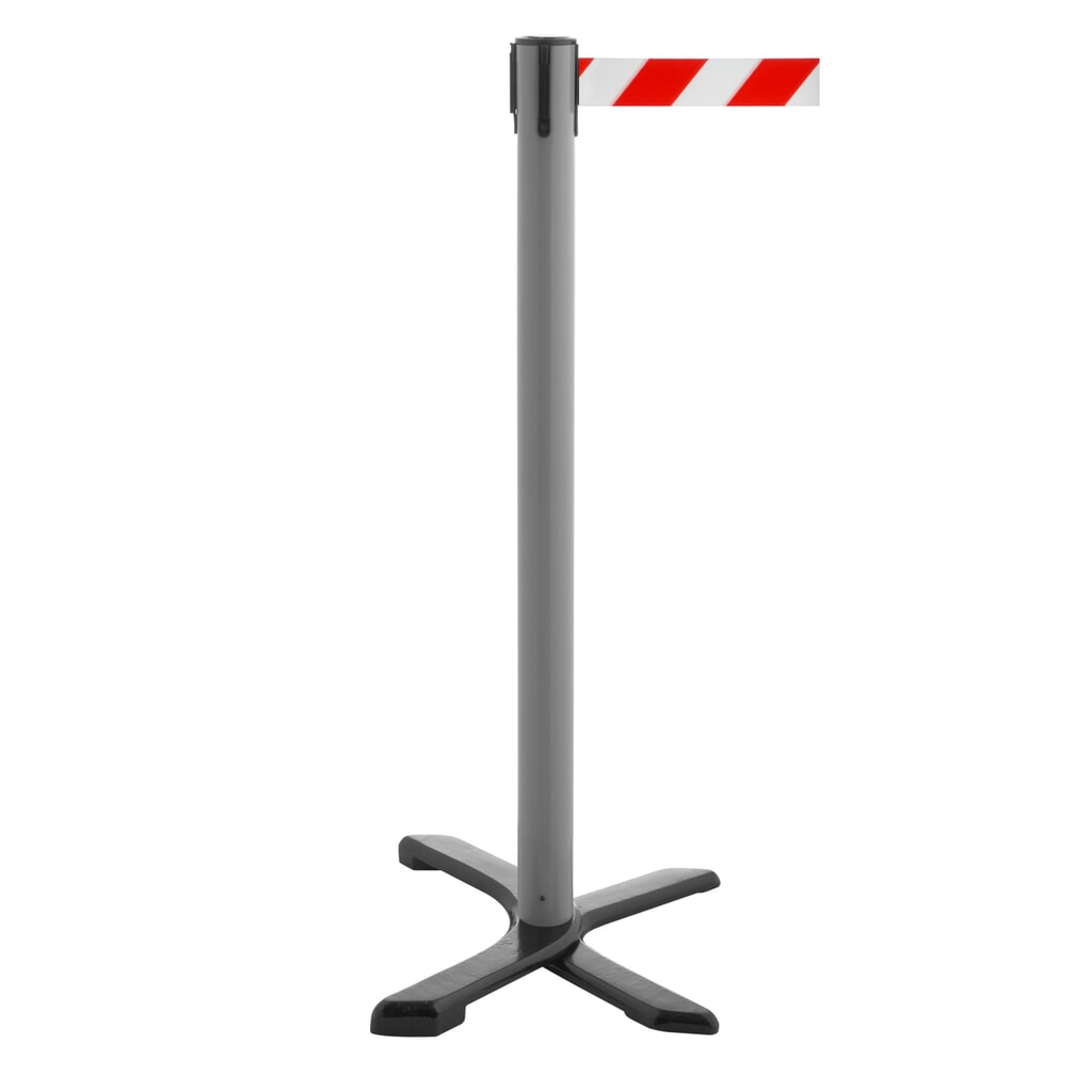 Afzetpaal met kruisvoet, lintlengte 2,3 m, antraciet, rood/wit diagonaal gestreept Product afbeelding: Afzetpaal met kruisvoet, lintlengte 2,3 m, antraciet, rood/wit diagonaal gestreept