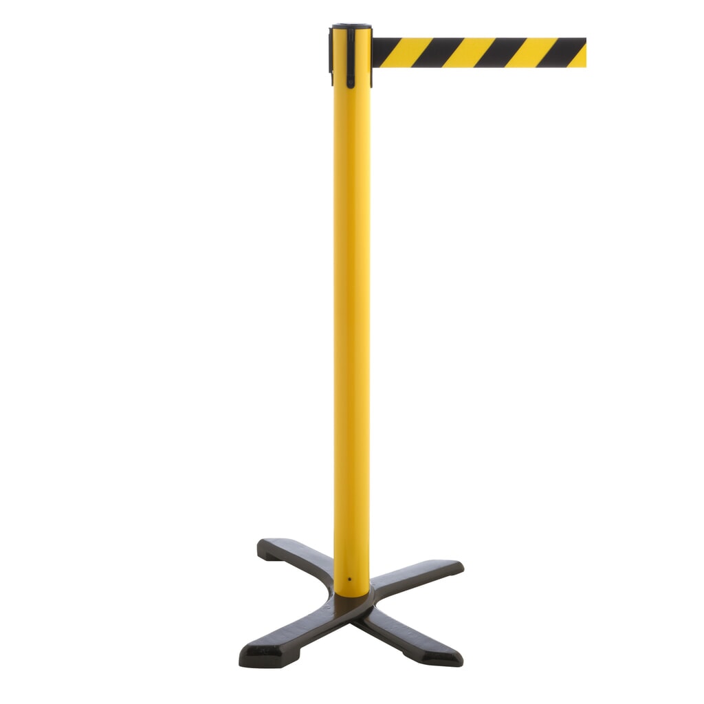 Afzetpaal met kruisvoet, lintlengte 2,3 m, geel, zwart/geel diagonaal gestreept Product afbeelding: Afzetpaal met kruisvoet, lintlengte 2,3 m, geel, zwart/geel diagonaal gestreept