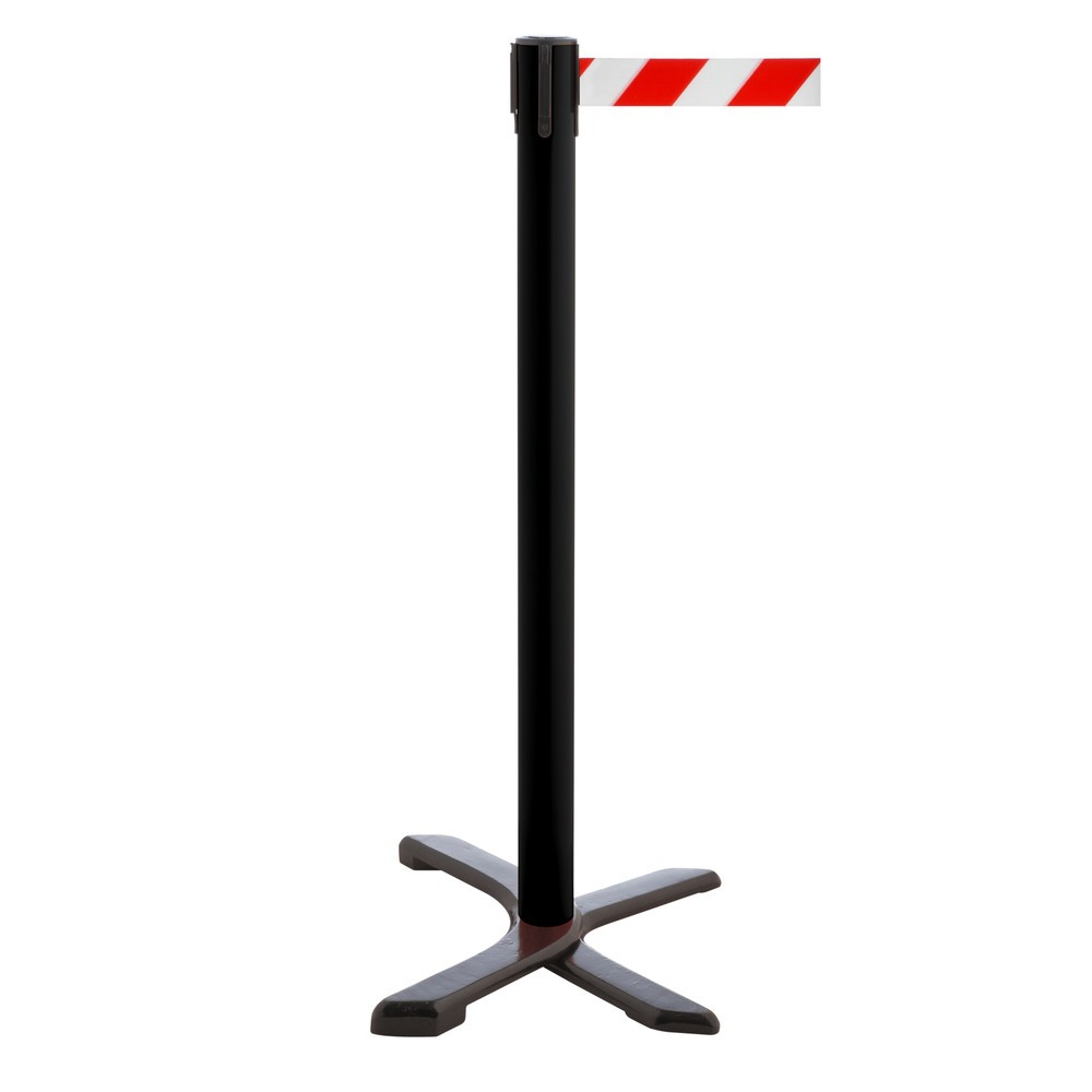 Product afbeelding: Afzetpaal met kruisvoet, lintlengte 4 m, zwart, rood/wit diagonaal gestreept