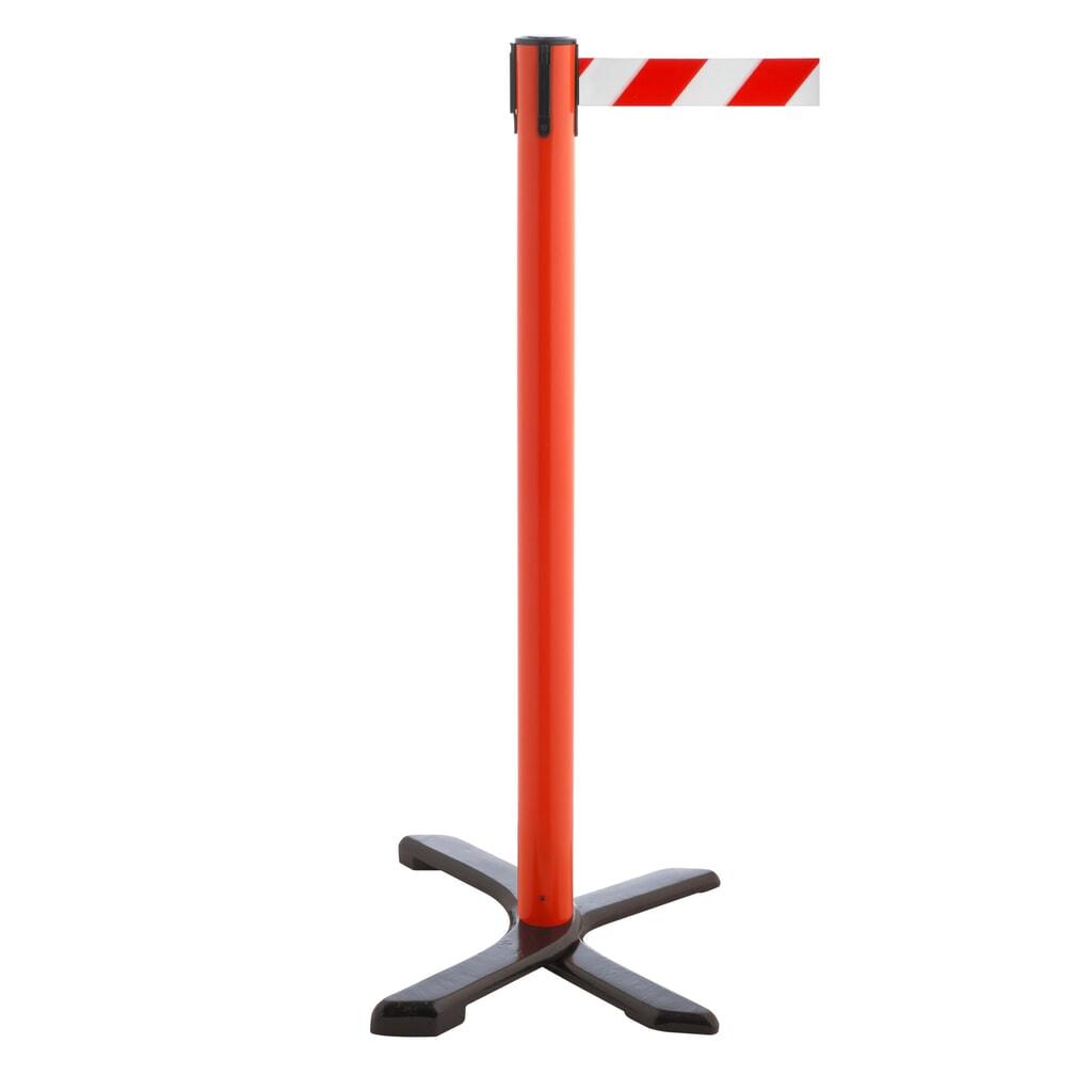 Afzetpaal met kruisvoet, lintlengte 4 m, rood, rood/wit diagonaal gestreept Product afbeelding: Afzetpaal met kruisvoet, lintlengte 4 m, rood, rood/wit diagonaal gestreept