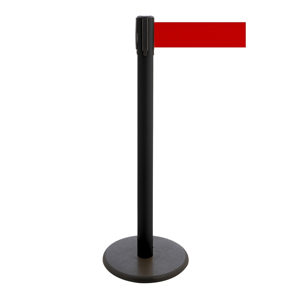 Afzetpaal met lint RS-GUIDESYSTEMS®, gietijzeren bodemplaat, lintbreedte 100 mm, zwart, rood, 3,8 m Product afbeelding: Afzetpaal met lint RS-GUIDESYSTEMS®, gietijzeren bodemplaat, lintbreedte 100 mm, zwart, rood, 3,8 m