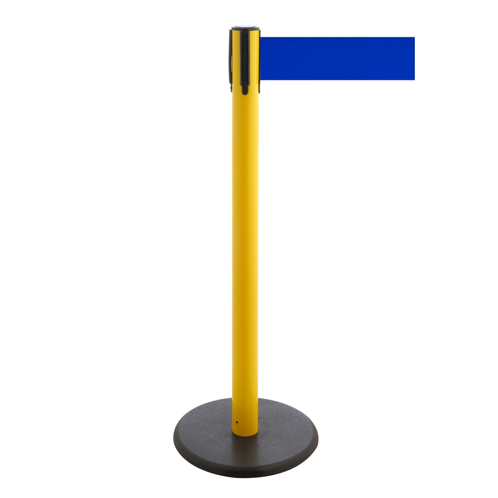 Afzetpaal met lint RS-GUIDESYSTEMS®, gietijzeren bodemplaat, lintbreedte 100 mm, geel, blauw, 3,8 m Product afbeelding: Afzetpaal met lint RS-GUIDESYSTEMS®, gietijzeren bodemplaat, lintbreedte 100 mm, geel, blauw, 3,8 m