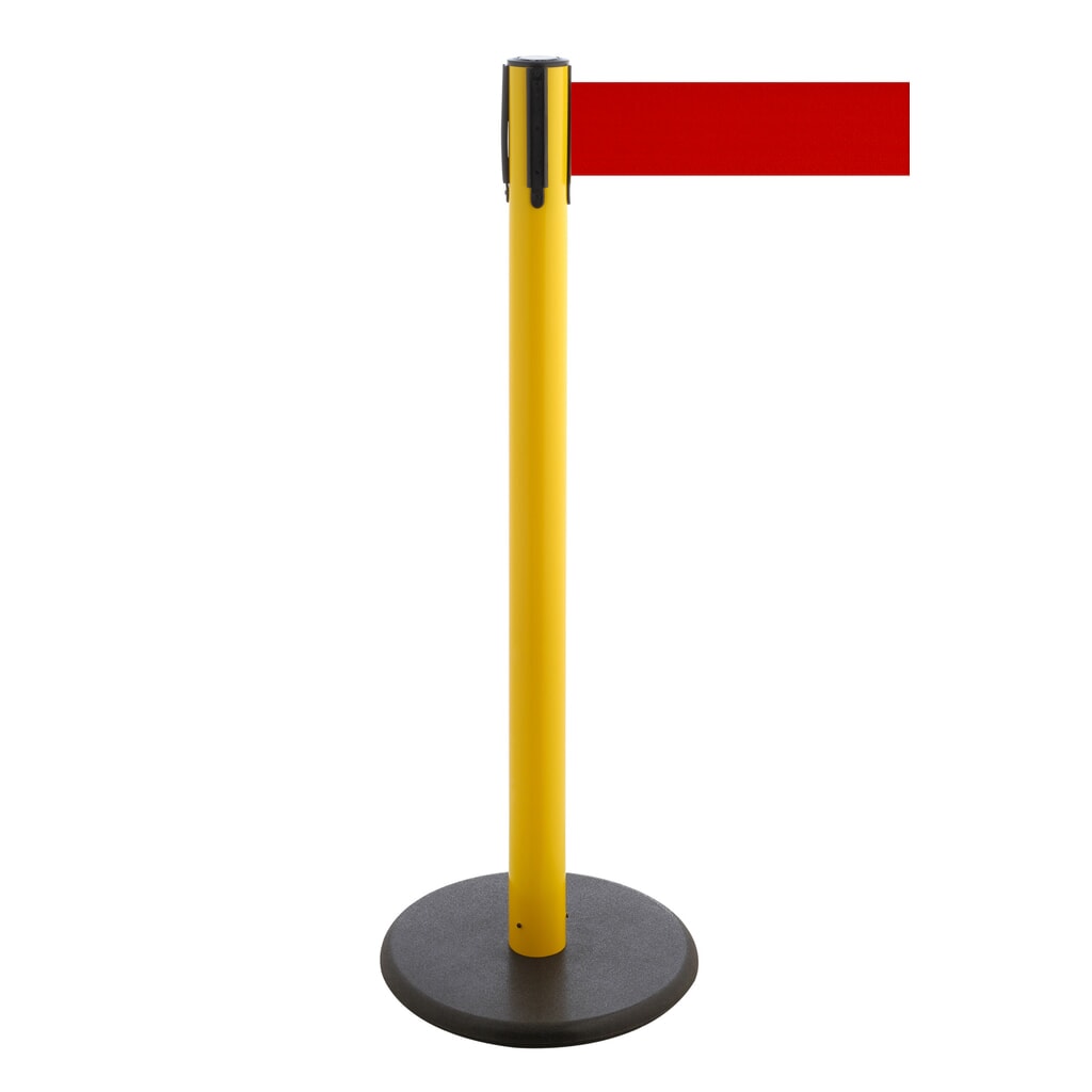 Afzetpaal met lint RS-GUIDESYSTEMS®, gietijzeren bodemplaat, lintbreedte 100 mm, geel, rood, 3,8 m Product afbeelding: Afzetpaal met lint RS-GUIDESYSTEMS®, gietijzeren bodemplaat, lintbreedte 100 mm, geel, rood, 3,8 m