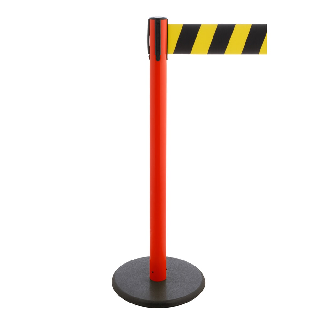 Afzetpaal met lint RS-GUIDESYSTEMS®, gietijzeren bodemplaat, lintbreedte 100 mm, rood, zwart/geel diagonaal gestreept, 3,8 m Product afbeelding: Afzetpaal met lint RS-GUIDESYSTEMS®, gietijzeren bodemplaat, lintbreedte 100 mm, rood, zwart/geel diagonaal gestreept, 3,8 m