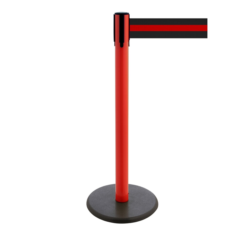 Product afbeelding: Afzetpaal met lint RS-GUIDESYSTEMS®, gietijzeren bodemplaat, lintbreedte 100 mm, rood, zwart/rood horizontaal gestreept, 3,8 m