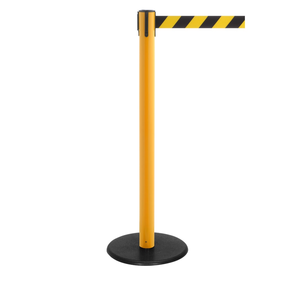 Afzetpaal met lint RS-GUIDESYSTEMS®, gietijzeren bodemplaat, lintbreedte 50 mm, geel, zwart/geel diagonaal gestreept, 4,0 m Product afbeelding: Afzetpaal met lint RS-GUIDESYSTEMS®, gietijzeren bodemplaat, lintbreedte 50 mm, geel, zwart/geel diagonaal gestreept, 4,0 m