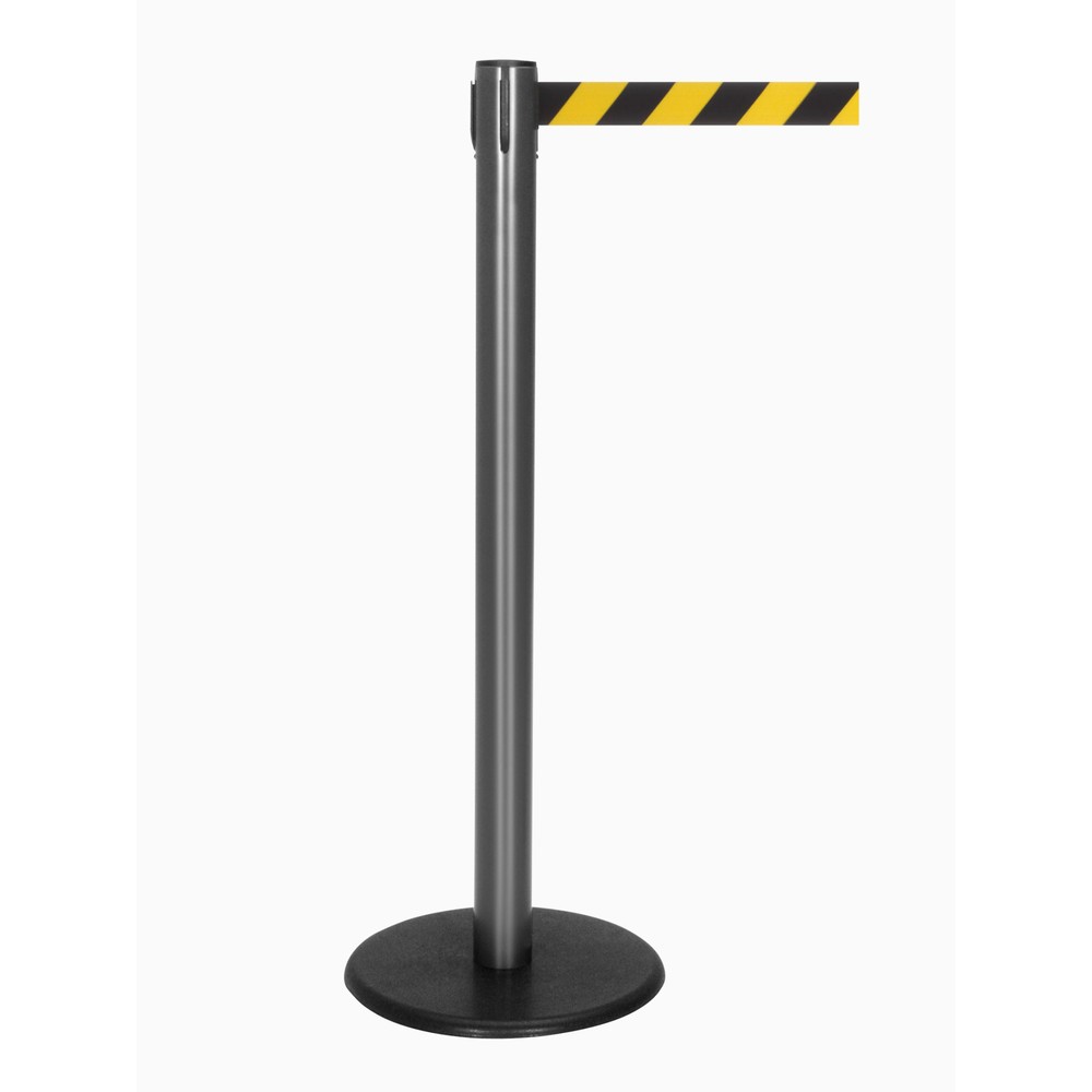 Productafbeelding nr. 1: Afzetpaal met lint RS-GUIDESYSTEMS®, gietijzeren bodemplaat, lintbreedte 50 mm, antraciet, zwart/geel diagonaal gestreept, 2,3 m