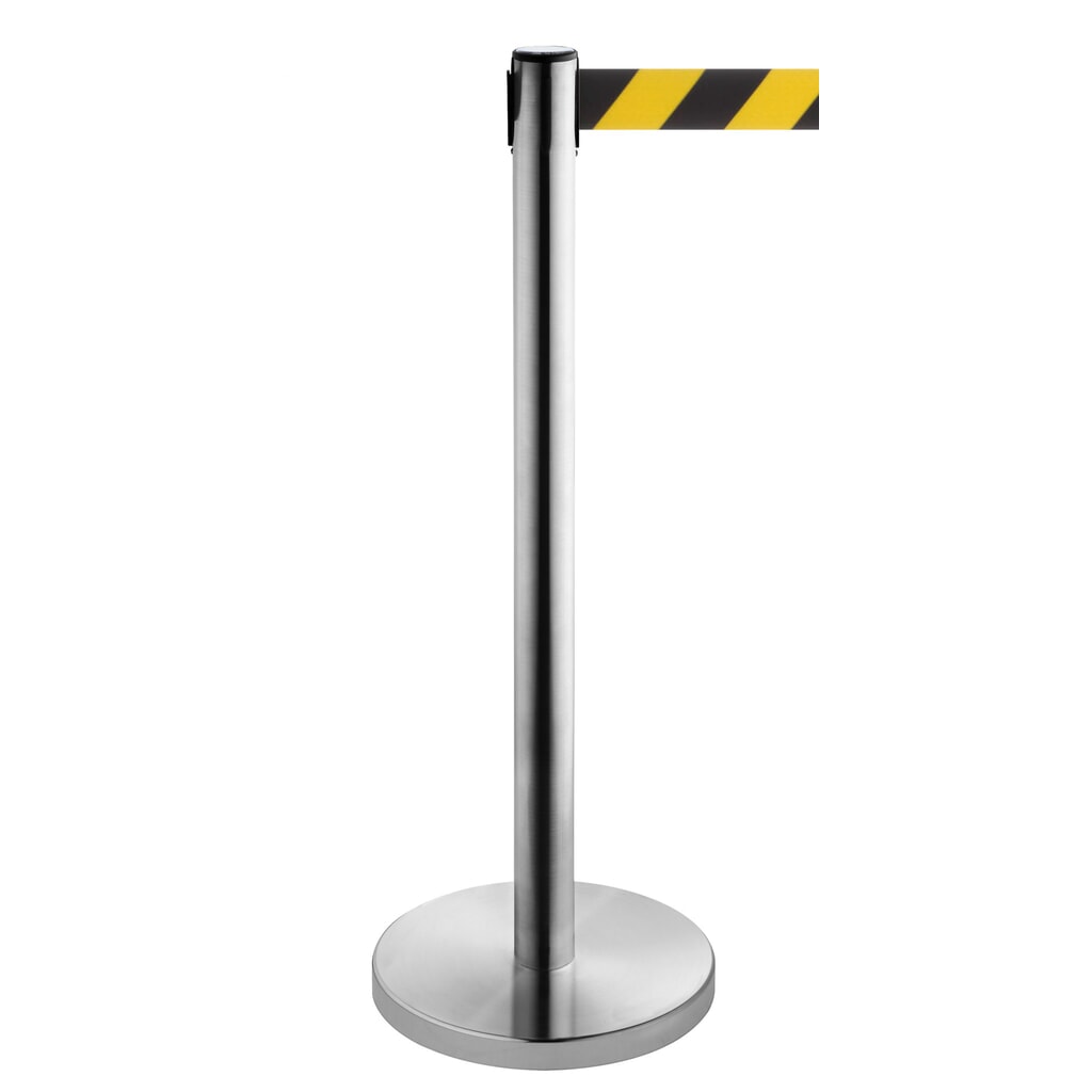 Afzetpaal met lint RS-GUIDESYSTEMS®, roestvrij staal, lintbreedte 50 mm, zwart/geel diagonaal gestreept, 2,3 m Product afbeelding: Afzetpaal met lint RS-GUIDESYSTEMS®, roestvrij staal, lintbreedte 50 mm, zwart/geel diagonaal gestreept, 2,3 m