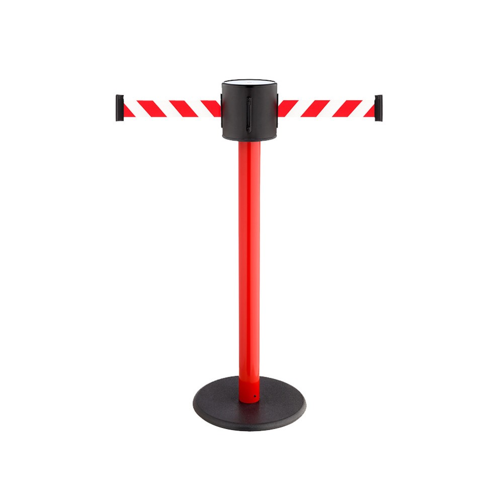 Afzetpaal met riemen, 2-zijdig, van kunststof + 2 wandclips, rood/wit diagonaal gestreept, rood Product afbeelding: Afzetpaal met riemen, 2-zijdig, van kunststof + 2 wandclips, rood/wit diagonaal gestreept, rood