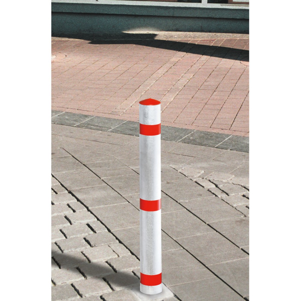 Product afbeelding: Afzetpaal van aluminium, neerklapbaar, ronde buis Ø 76 mm voor keilboutbevestiging + brandweerdriehoek, rood