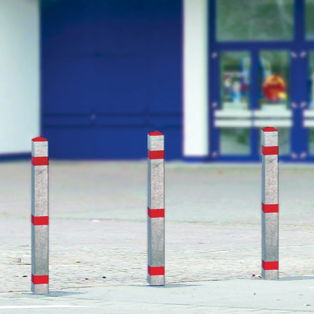 Product afbeelding: Afzetpaal van staal, neerklapbaar, vierkant 70x70 mm voor keilboutbevestiging + brandweerdriehoek, rood