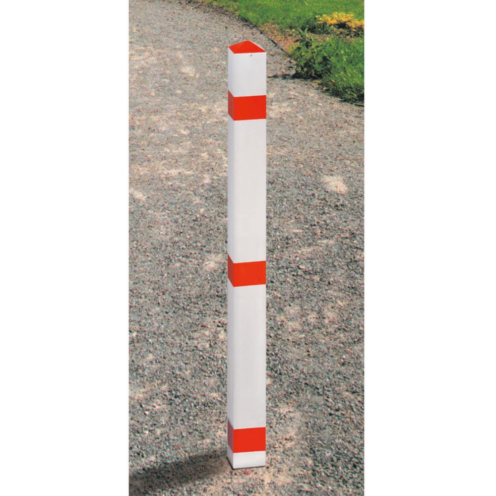 Product afbeelding: Afzetpaal van aluminium, neerklapbaar, vierkant 70x70 mm voor keilboutbevestiging + brandweerdriehoek, rood/wit