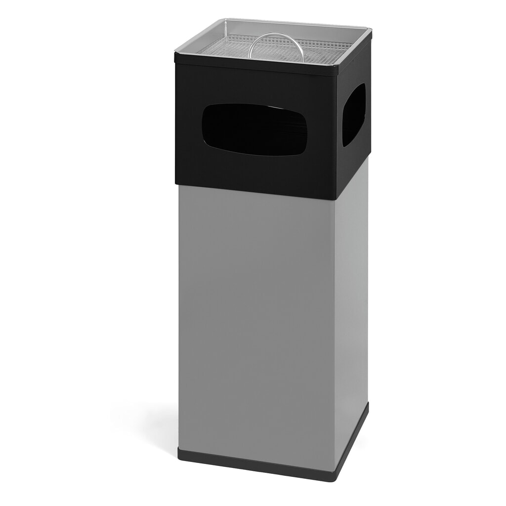 Aluminium as-/afvalbakcombinatie, vierkant, 50 liter, zwart / grijs Product afbeelding: Aluminium as-/afvalbakcombinatie, vierkant, 50 liter, zwart / grijs