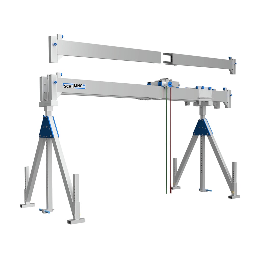 SCHILLING aluminium portaalkraan met deelbare dubbele traverse, inhaakpunt 1.785-2.835 mm, lengte 4.000 mm, draagvermogen 1.000 kg Product afbeelding: SCHILLING aluminium portaalkraan met deelbare dubbele traverse, inhaakpunt 1.785-2.835 mm, lengte 4.000 mm, draagvermogen 1.000 kg