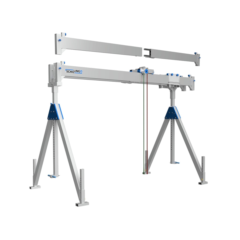 Product afbeelding: SCHILLING aluminium portaalkraan met deelbare dubbele traverse, inhaakpunt 2.786-4.336 mm, lengte 7.000 mm, draagvermogen 1.500 kg