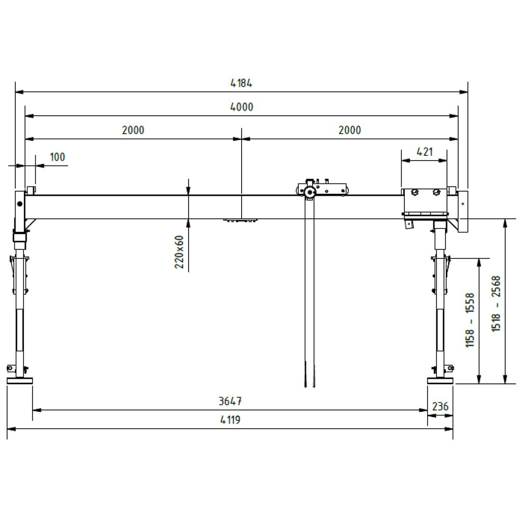 Productafbeelding nr. 2: SCHILLING aluminium portaalkraan met deelbare dubbele traverse, inhaakpunt 1.785-2.835 mm, lengte 4.000 mm, draagvermogen 1.500 kg