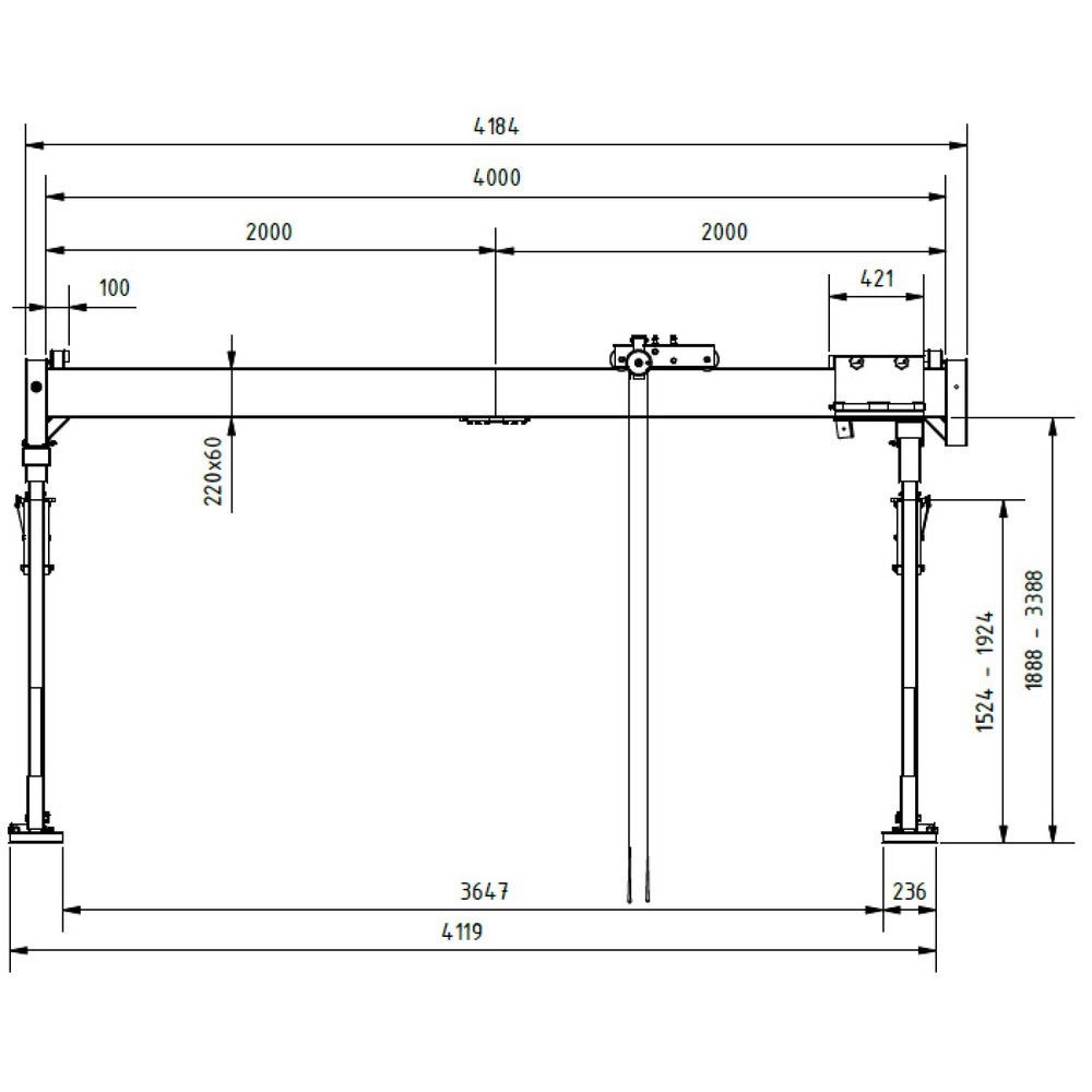 Productafbeelding nr. 6: SCHILLING aluminium portaalkraan met deelbare dubbele traverse, inhaakpunt 2.155-3.655 mm, lengte 4.000 mm, draagvermogen 1.000 kg