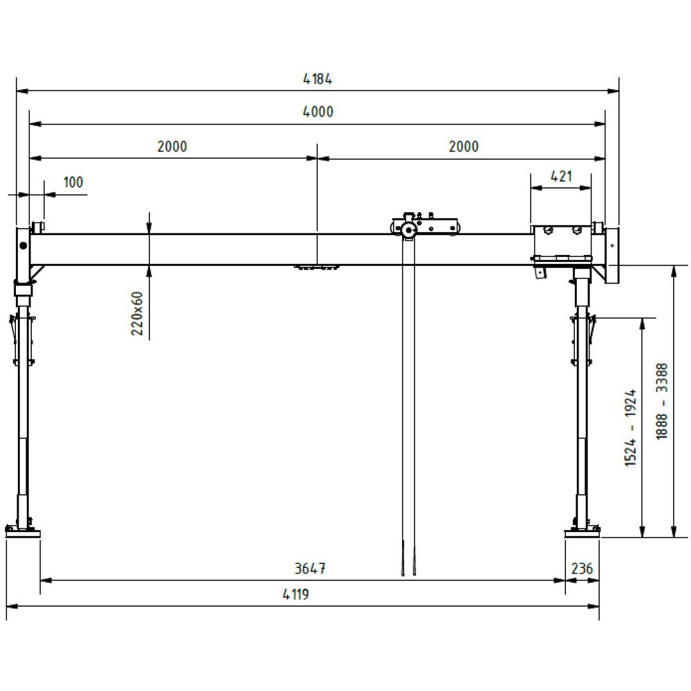 Productafbeelding nr. 6: SCHILLING aluminium portaalkraan met deelbare dubbele traverse, inhaakpunt 2.155-3.655 mm, lengte 4.000 mm, draagvermogen 1.500 kg