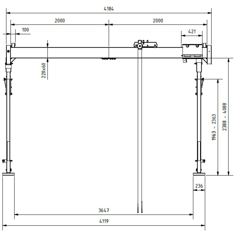 Productafbeelding nr. 6: SCHILLING aluminium portaalkraan met deelbare dubbele traverse, inhaakpunt 2.655-4.355 mm, lengte 4.000 mm, draagvermogen 1.000 kg