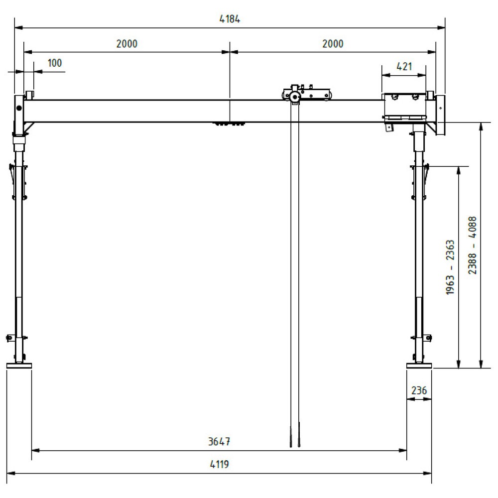 Productafbeelding nr. 6: SCHILLING aluminium portaalkraan met deelbare dubbele traverse, inhaakpunt 2.655-4.355 mm, lengte 4.000 mm, draagvermogen 1.500 kg