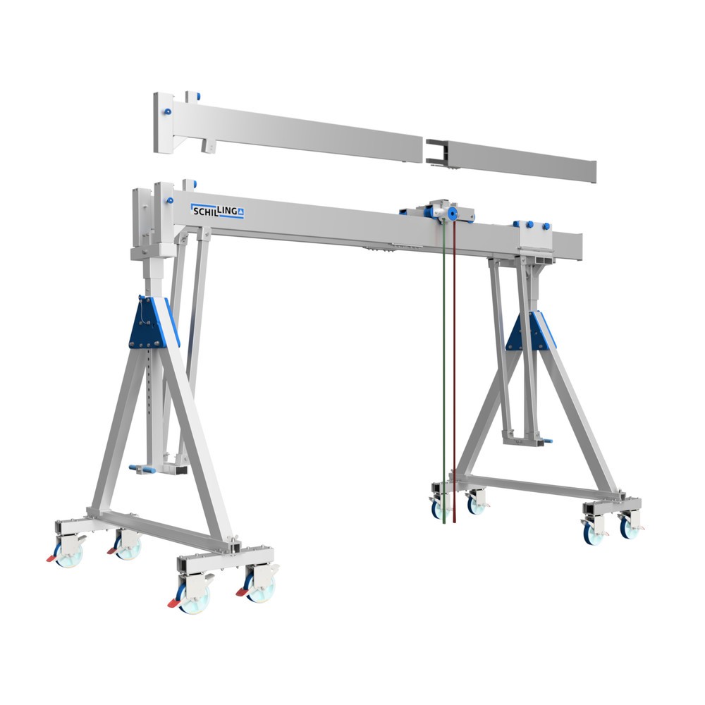 Productafbeelding nr. 1: Aluminium portaalkraan met deelbare dubbele traverse, verrijdbaar, inhaakpunt 2.613-3.363 mm, draagvermogen 2.000 kg