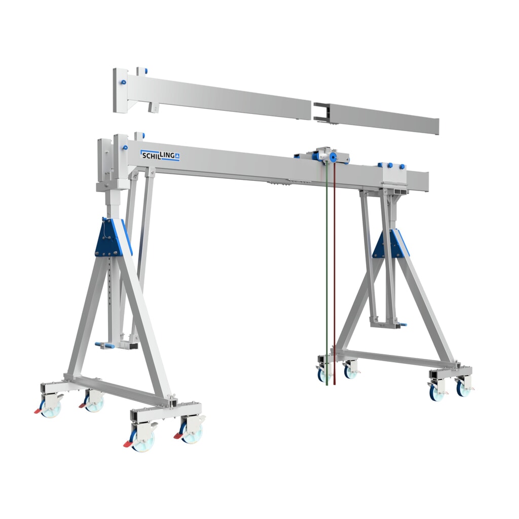 Aluminium portaalkraan met deelbare dubbele traverse, verrijdbaar, inhaakpunt 2.613-3.363 mm, draagvermogen 3.000 kg Product afbeelding: Aluminium portaalkraan met deelbare dubbele traverse, verrijdbaar, inhaakpunt 2.613-3.363 mm, draagvermogen 3.000 kg