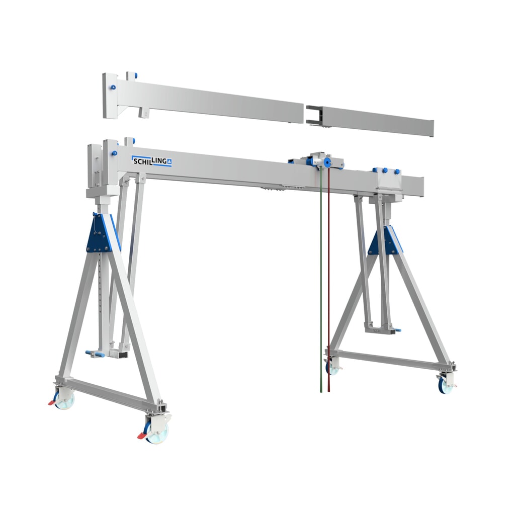 Product afbeelding: SCHILLING aluminium portaalkraan met deelbare dubbele traverse, verrijdbaar, inhaakpunt 2.044-2.444 mm, lengte 4.000 mm, draagvermogen 1.000 kg