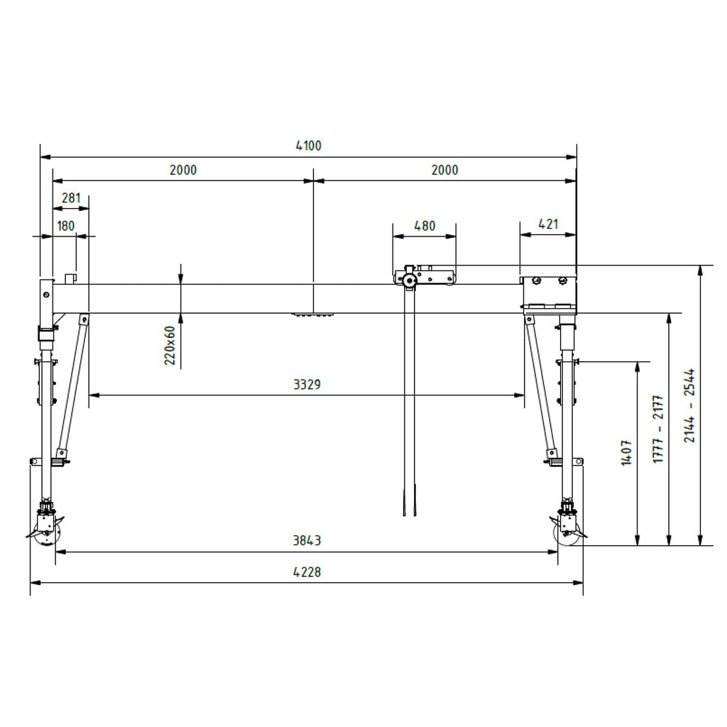 Productafbeelding nr. 3: SCHILLING aluminium portaalkraan met deelbare dubbele traverse, verrijdbaar, inhaakpunt 2.044-2.444 mm, lengte 4.000 mm, draagvermogen 1.000 kg