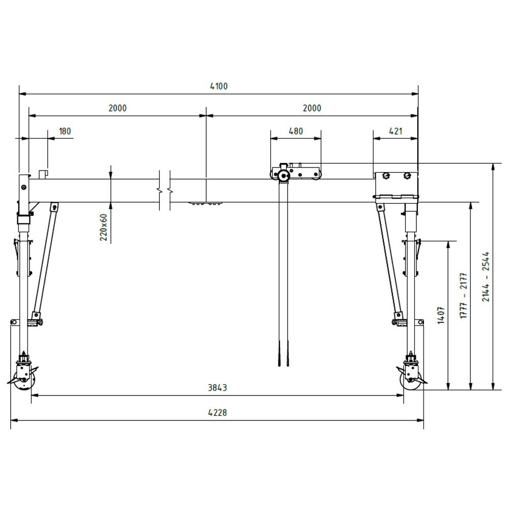 Productafbeelding nr. 8: SCHILLING aluminium portaalkraan met deelbare dubbele traverse, verrijdbaar, inhaakpunt 2.044-2.444 mm, lengte 4.000 mm, draagvermogen 1.500 kg