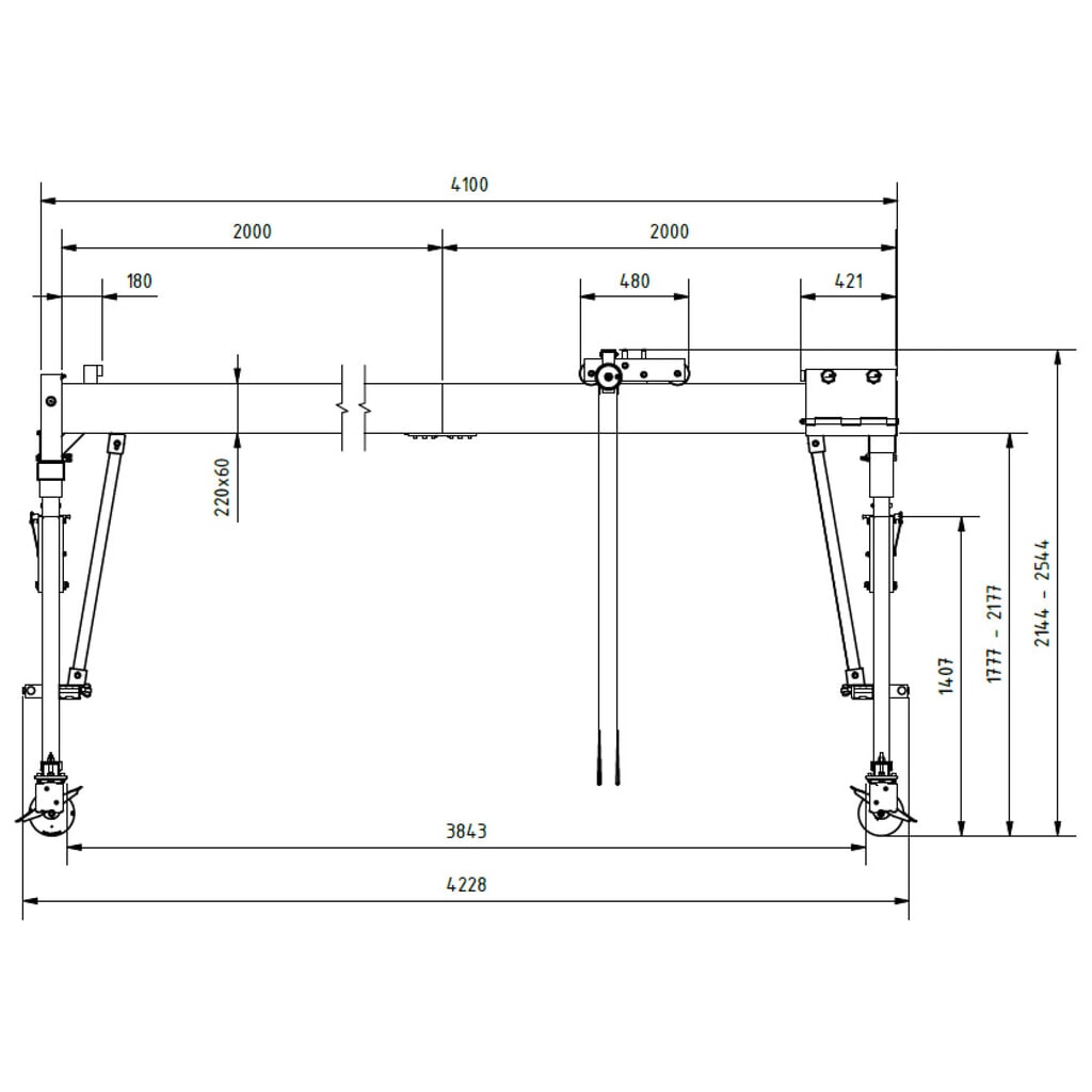 Productafbeelding nr. 3: SCHILLING aluminium portaalkraan met deelbare dubbele traverse, verrijdbaar, inhaakpunt 2.044-2.444 mm, lengte 4.000 mm, draagvermogen 1.500 kg