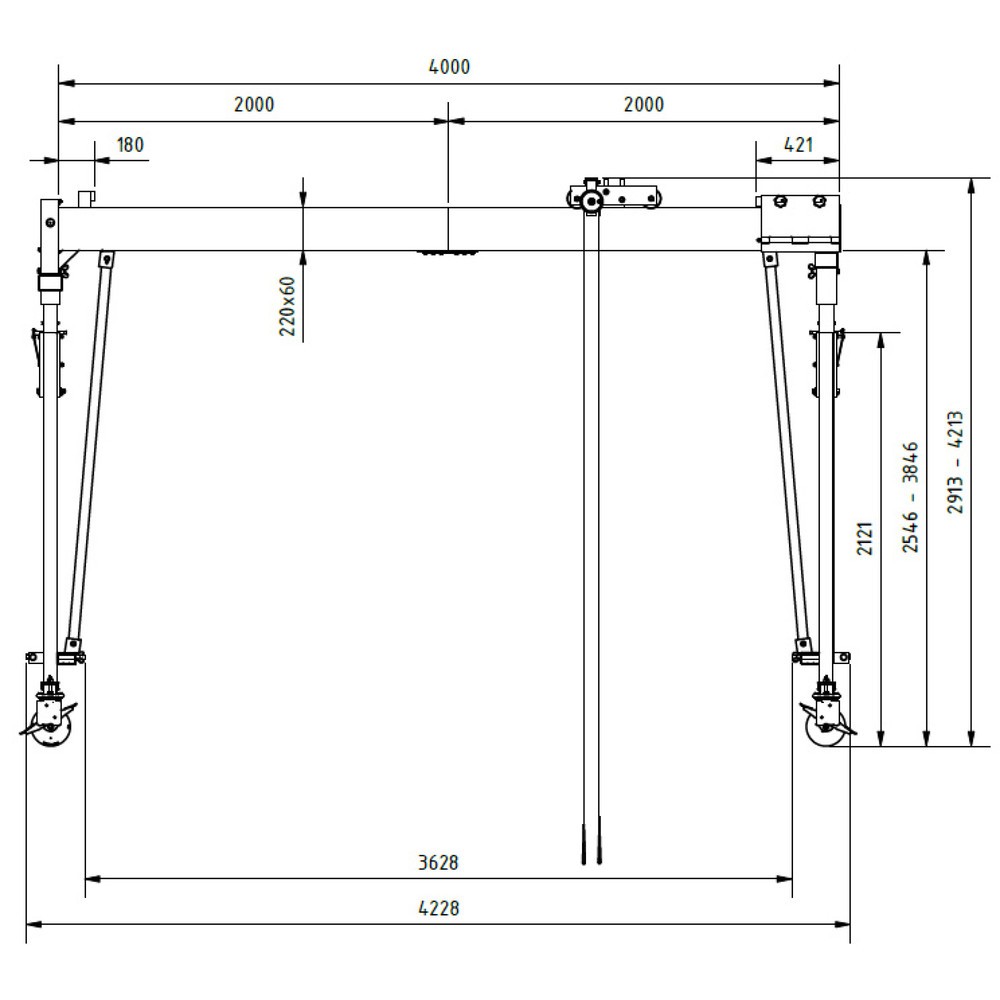 Productafbeelding nr. 7: SCHILLING aluminium portaalkraan met deelbare dubbele traverse, verrijdbaar, inhaakpunt 2.813-4.113 mm, lengte 4.000 mm, draagvermogen 1.000 kg